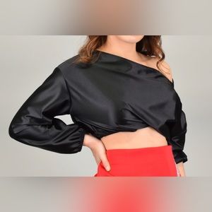 Asymmetrical neck cropped elastic waist satin blouse long sleeve.